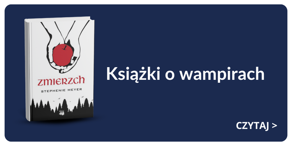 Book cover showing a red apple held by hands beside Polish text 'Książki o wampirach' on a dark blue banner