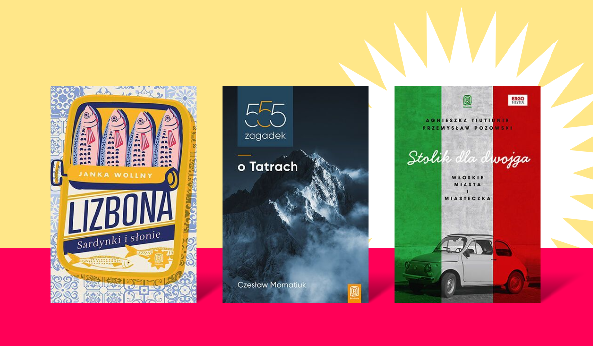 Three book covers on yellow and pink background: 'Lizbona' sardine tin design, '555 zagadek o Tatrach' mountain photo, and Italian travel book with a Fiat 500