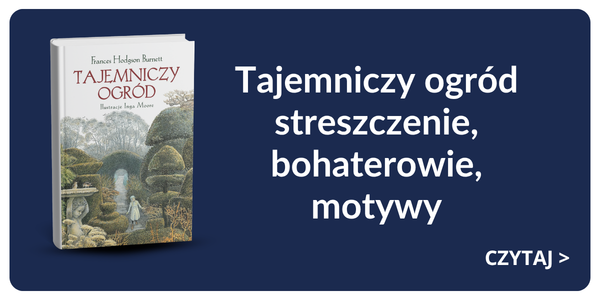 Book cover of 'Tajemniczy ogród' (The Secret Garden) showing an illustrated walled garden and Polish text about summary, characters and themes