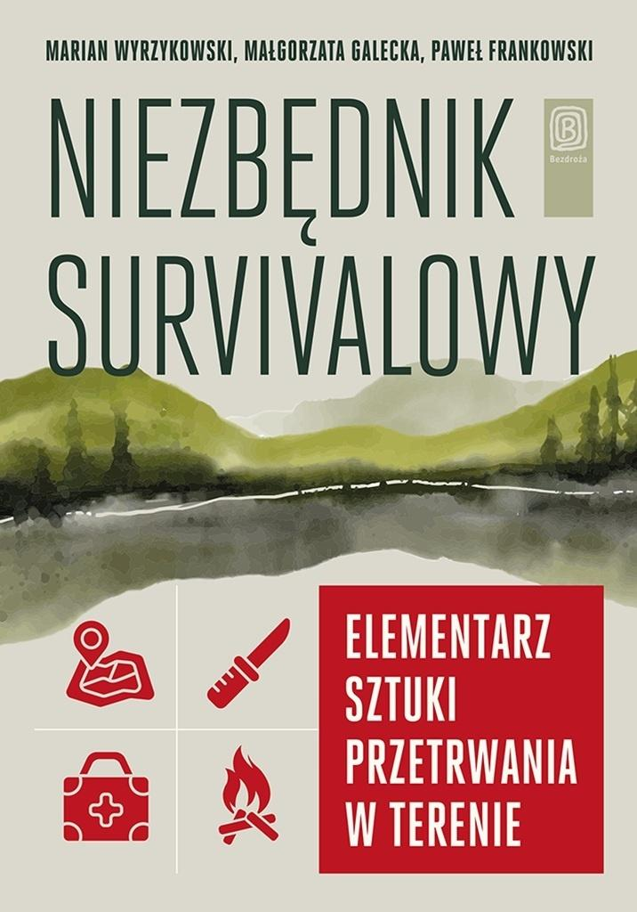 Book cover of Polish survival guide 'Niezbędnik Survivalowy' showing mountain lake, map, knife, first-aid and fire icons