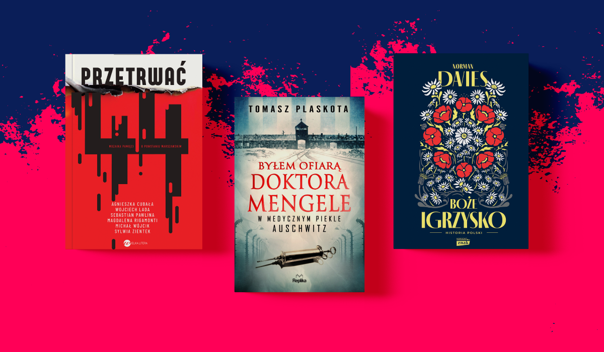 Three book covers on a navy and magenta splattered background: red 'Przetrwać', centre Auschwitz memoir 'Byłem ofiarą Doktora Mengele', and navy floral 'Boże Igrzysko'.