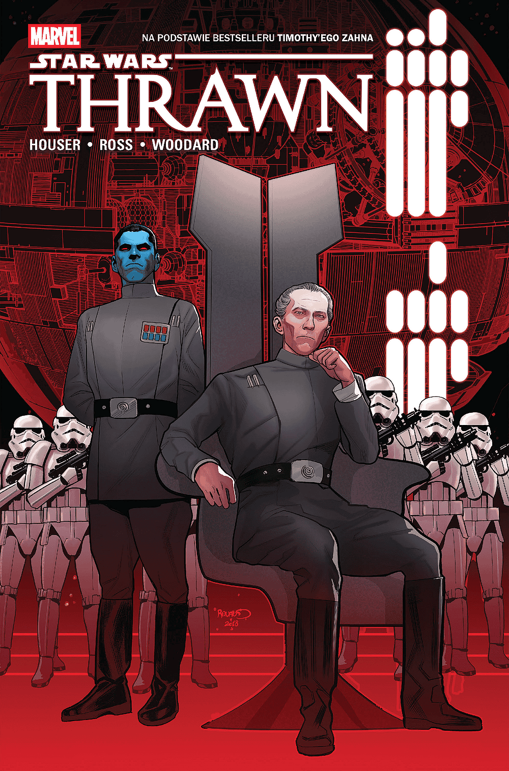 Star Wars Thrawn comic cover: Grand Admiral Thrawn seated on a throne, an officer standing beside him, flanked by stormtroopers on a red background