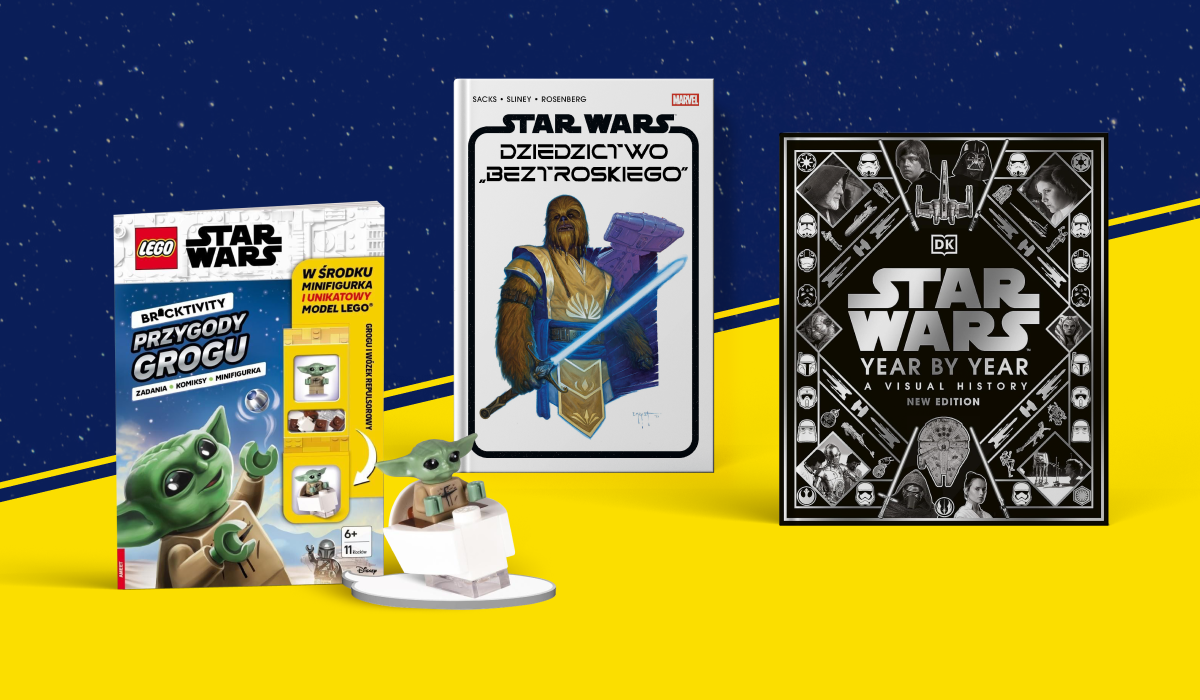 Three Star Wars books on yellow and blue background: LEGO Grogu activity book with minifigure, a Star Wars graphic novel and 'Year by Year' visual history