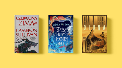 Three book covers on yellow background: left 'Czerwona Zima' with red-winter dragon, centre blue fantasy 'Pieśń Srebrzysta, Płomień Nocy', right 'Dune' desert cover by Frank Herbert