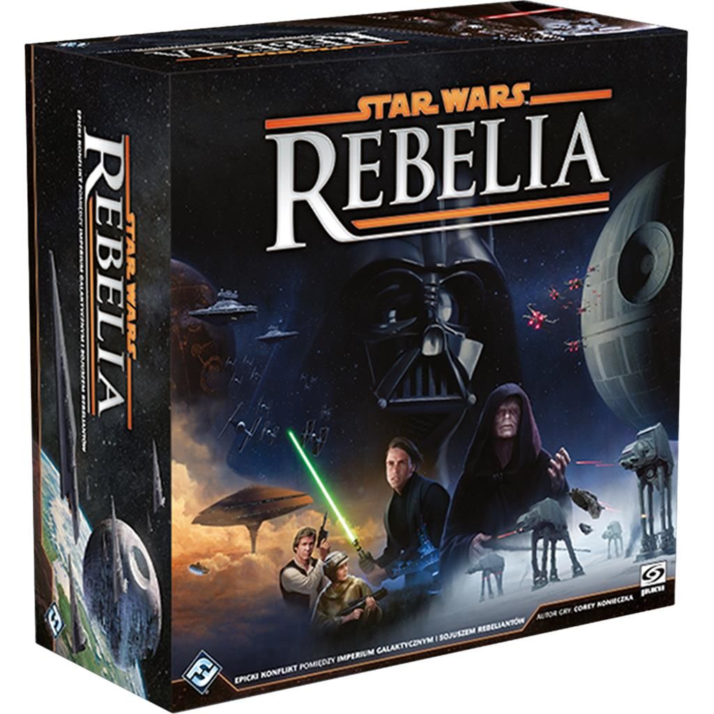 Boxed Star Wars Rebellia board game cover art featuring Darth Vader, Emperor Palpatine, Luke with green lightsaber and the Death Star