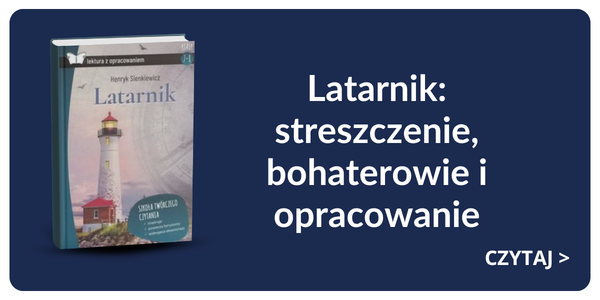 Book cover of 'Latarnik' by Henryk Sienkiewicz showing a lighthouse illustration and Polish promotional text on a dark blue panel