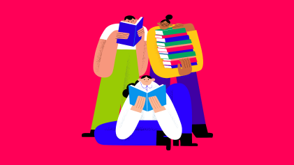 Colourful illustration of three people reading and holding stacked books against a bright pink background