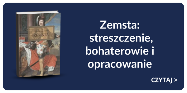 Cover of the book 'Zemsta' beside a navy banner reading Polish text 'streszczenie, bohaterowie i opracowanie'