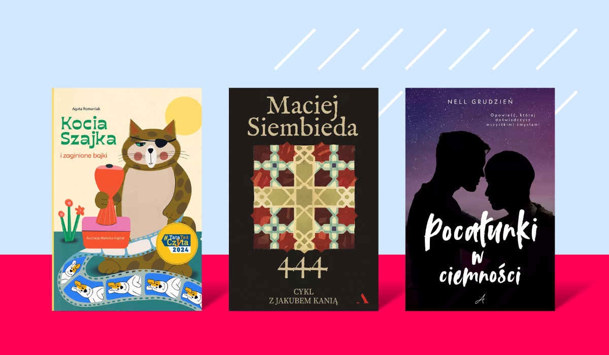 Three book covers on blue and pink background: a children's cat book, a patterned black book titled "444", and a purple romance cover with silhouetted couple