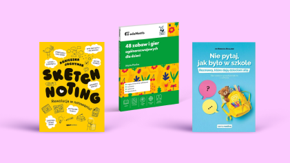 Three colourful Polish educational books on a pink background: yellow 'Sketchnoting', green activity book, blue school-themed