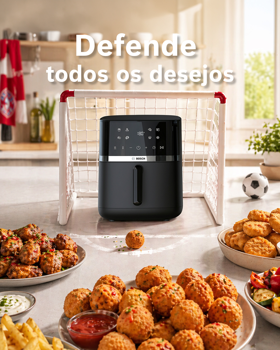 Air fryer Bosch como baliza, petiscos. "Defende todos os desejos"