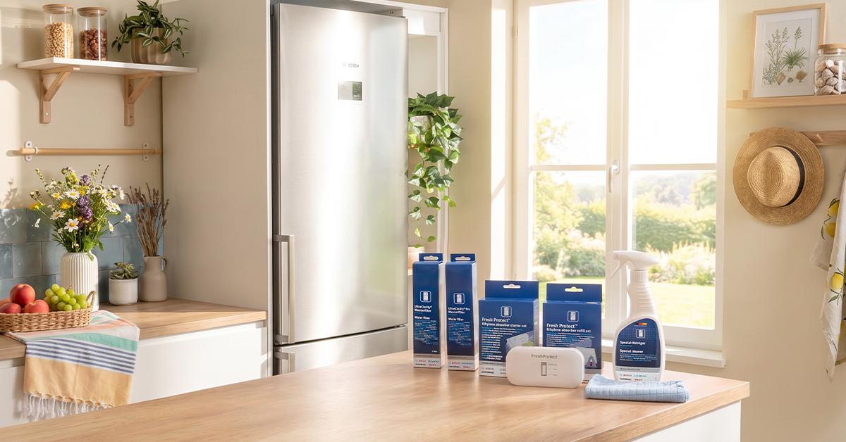 Bright kitchen with wooden countertop, fruits, plants, cleaning products, and a blue "XX% Summer Sale" badge on window.