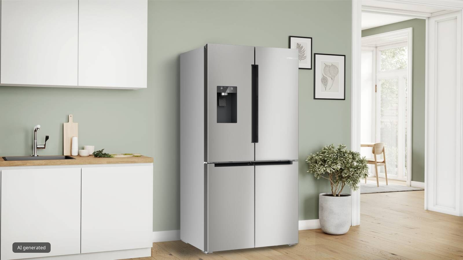 Um frigor&iacute;fico de quatro portas em a&ccedil;o inoxid&aacute;vel com dispensador de &aacute;gua e gelo, posicionado numa cozinha moderna com arm&aacute;rios brancos e paredes verde-claras.