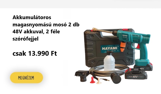 Akkumulátoros magasnyomású mosó 2 db 48V akkuval, 2 féle szórófejjel csak 13.990 Ft