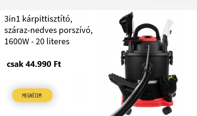 3in1 kárpittisztító, száraz-nedves porszívó, 1600W - 20 literes tartály csak 44.990 Ft