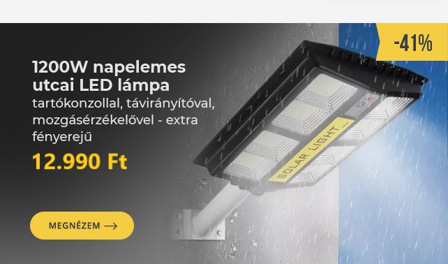 💡 1200W napelemes utcai LED lámpa tartókonzollal, távirányítóval csak 12.990 Ft