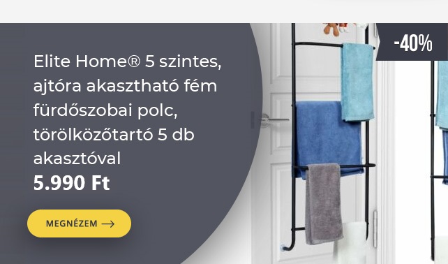 5 szintes, ajtóra akasztható fém fürdőszobai polc, törölközőtartó 5 db akasztóval csak 5.990 Ft