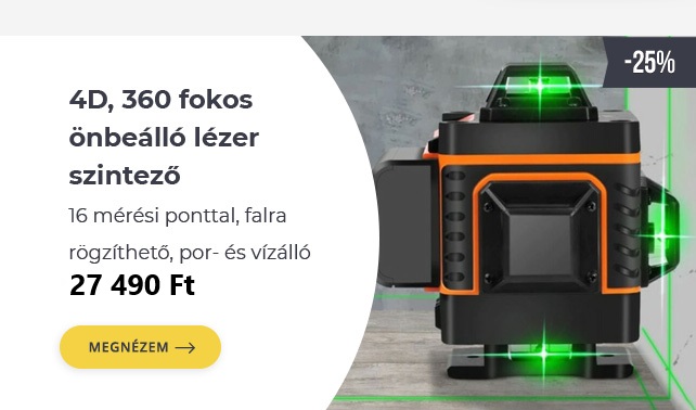 4D, 360 fokos önbeálló lézer szintező, 16 mérési ponttal, falra rögzíthető, por- és vízálló csak 27.490 Ft