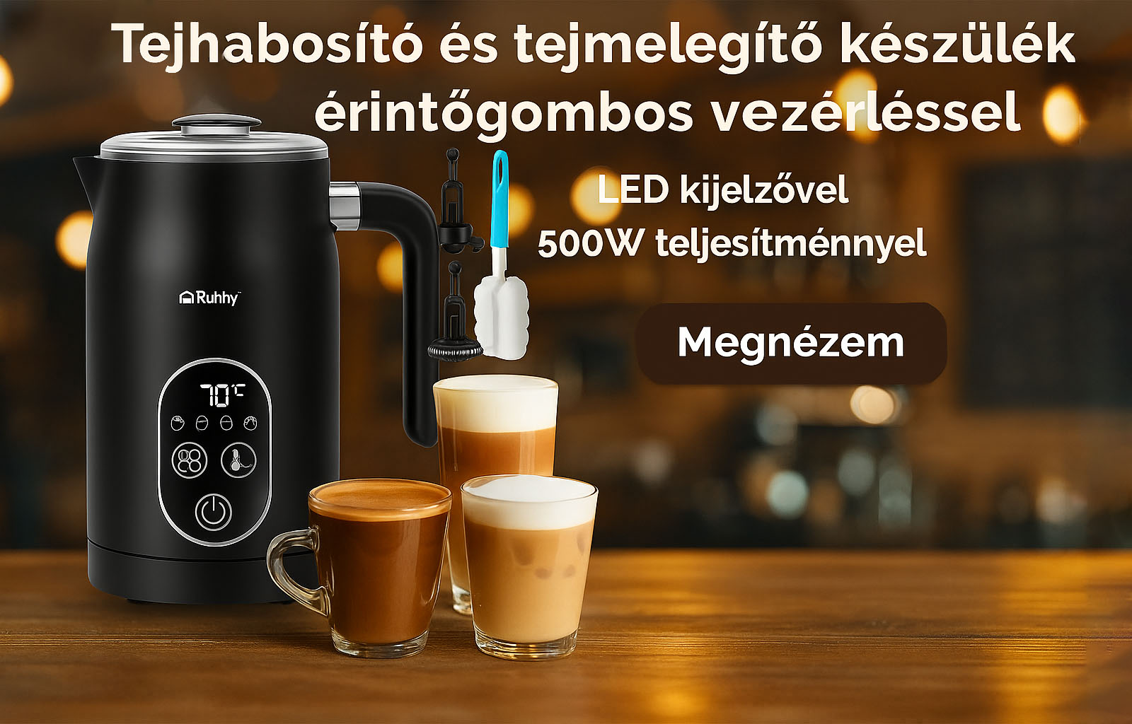 LED kijelzős, érintőgombos tejhabosító készülék, 500W teljesítménnyel