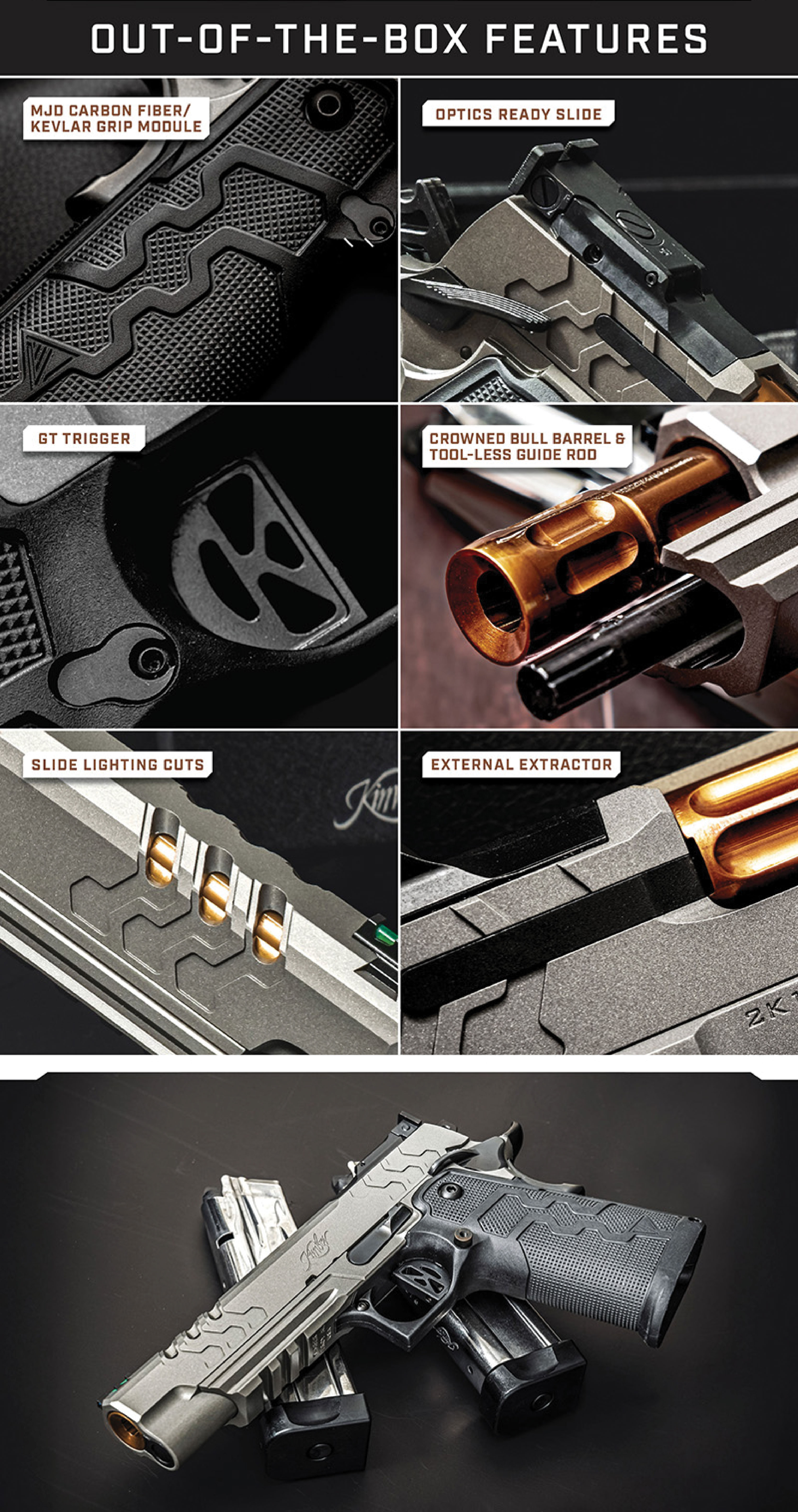 Out of the box features: MJD carbon fiber Kevlar grip module, optics ready slide, GT trigger, crowned bull barrel and tool-less guide rod, slide lighting cuts, external extractor.