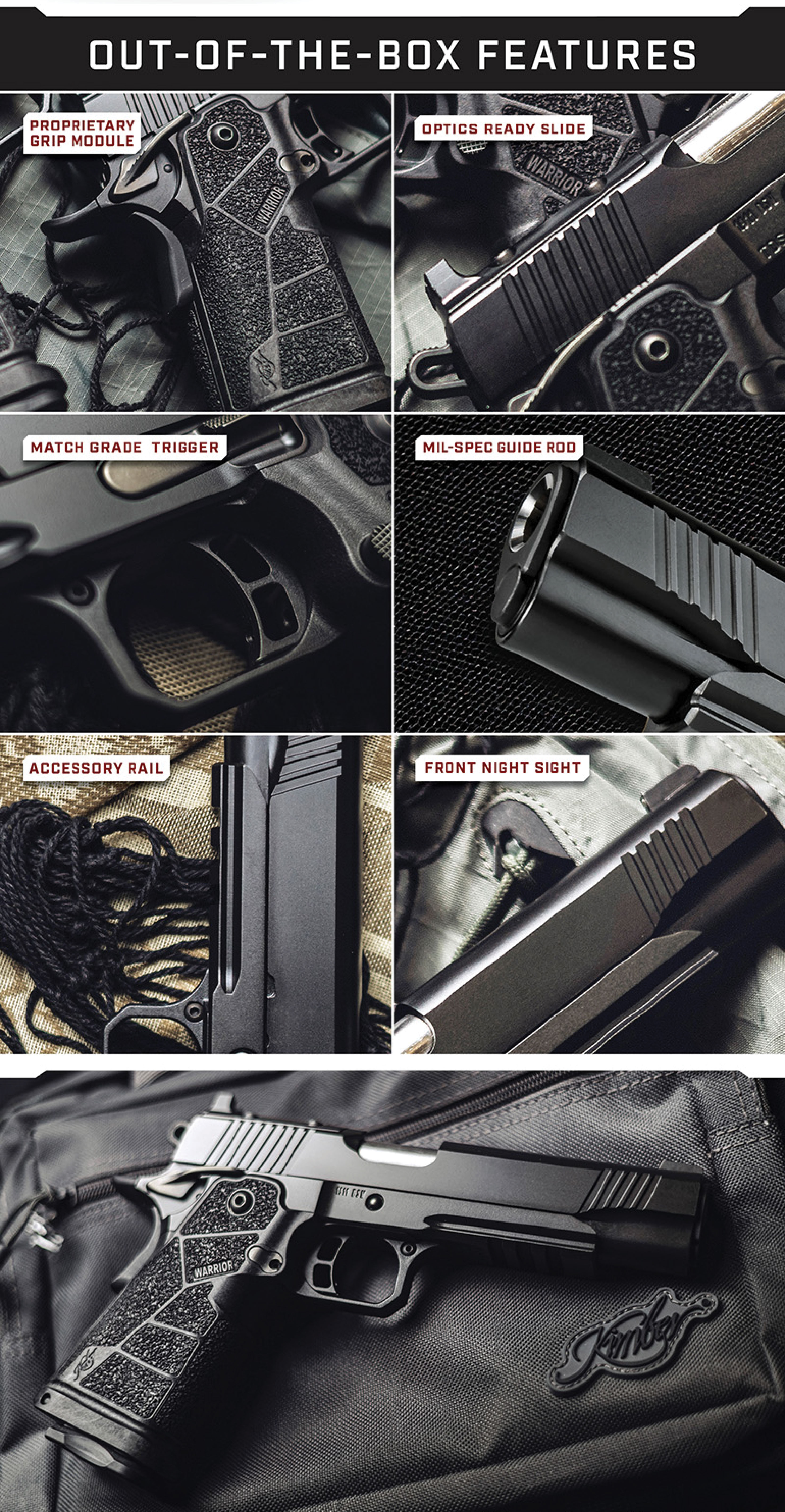 Out of the box features: Proprietary grip module, optics ready slide, match grade trigger, mil-spec guide rod, accessory rail, front night sight.