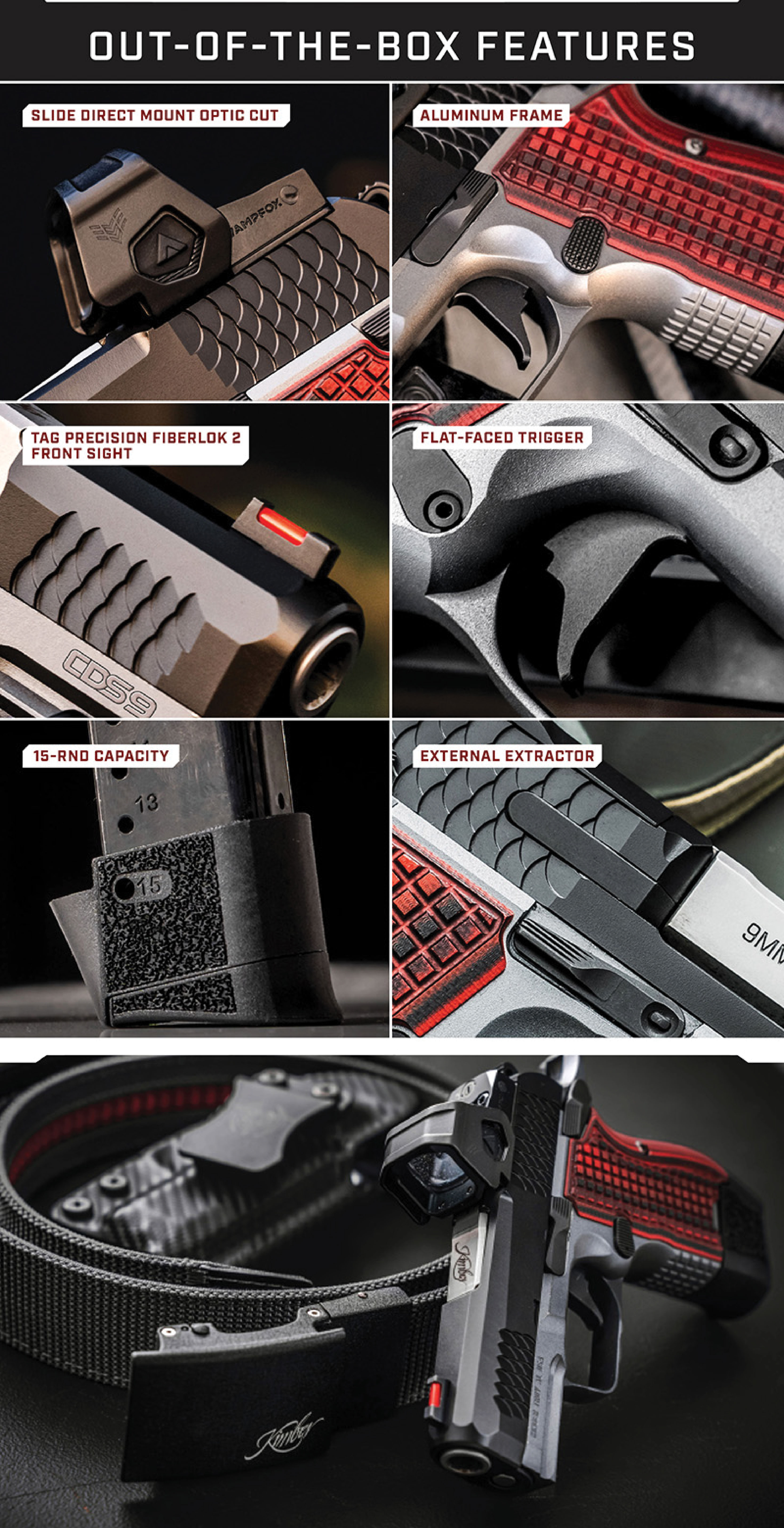 Out of the box features: Slide direct mount optic cut, aluminum frame, tag precision fiberlok 2 front sight, flat face trigger, 15 round capacity, external extraction.