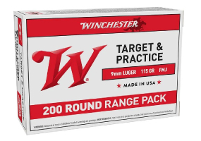 Winchester FMJ Target and Range Ammo 9mm Ammo 115gr 200 Rounds