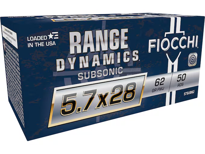 Fiocchi Range Dynamics Subsonic Handgun Ammo 5.7x28 FN 62gr FMJ 50 Rounds
