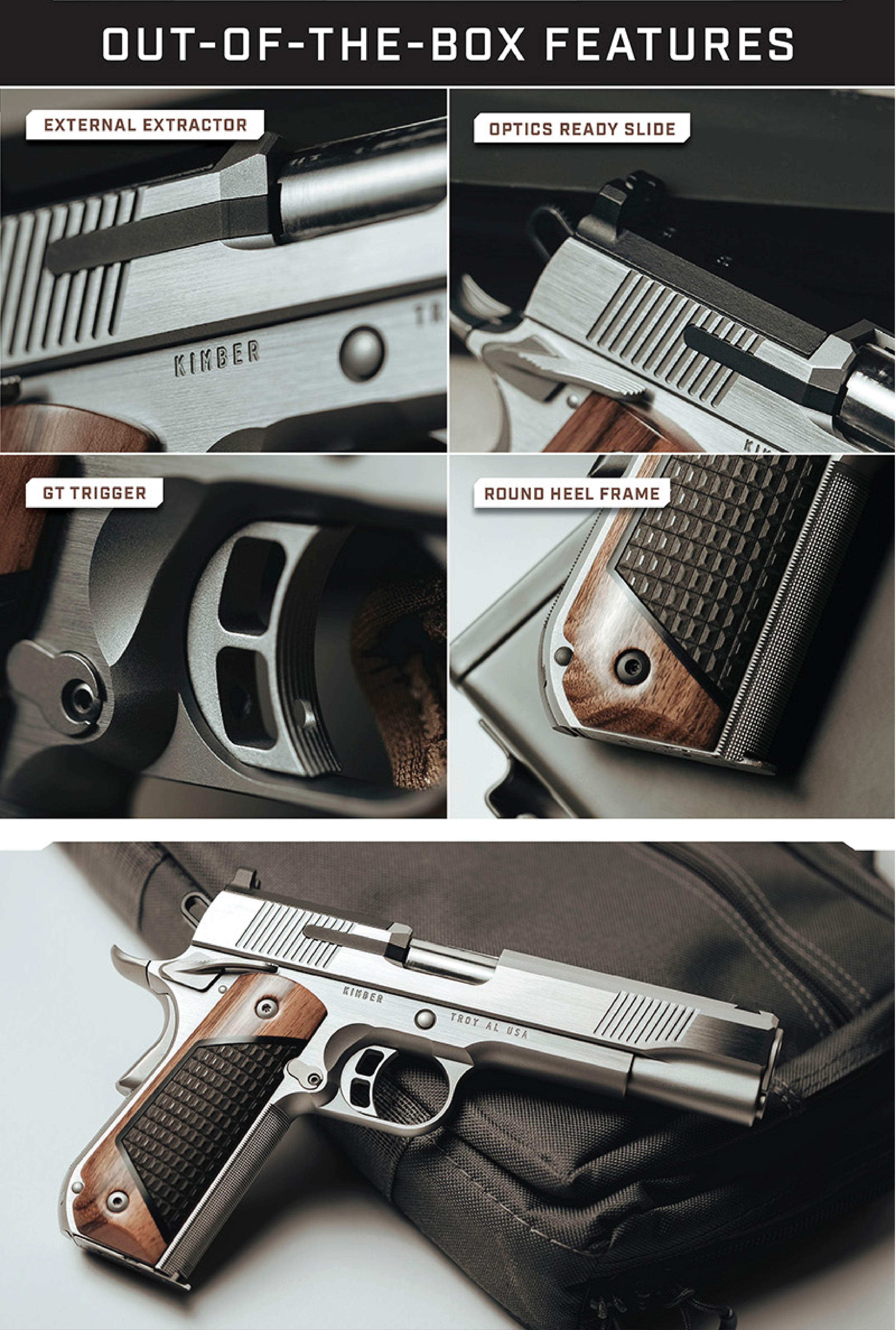 Out of the box features: external extractor, optics ready slide, gt trigger, round heel frame