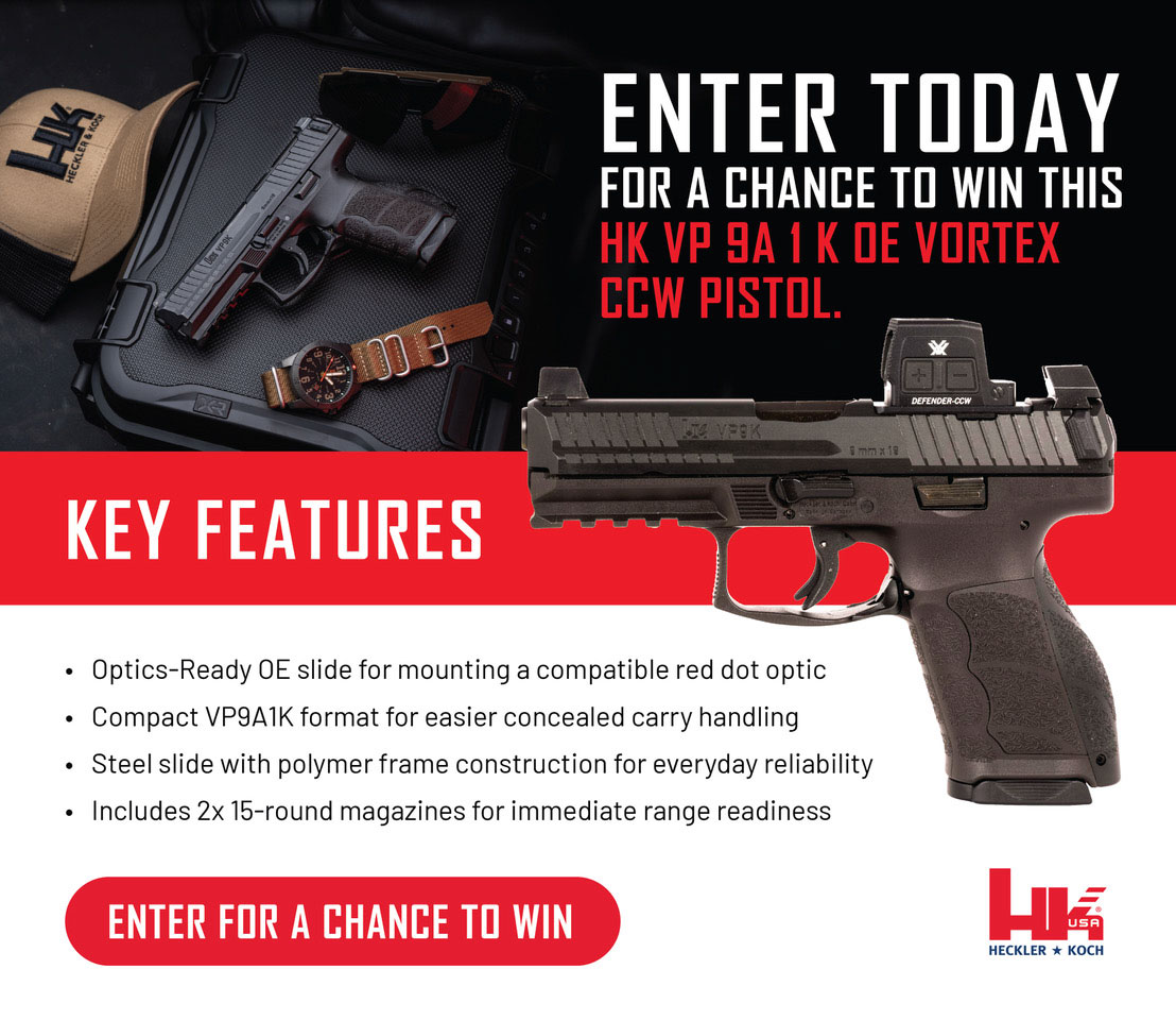 Enter today for a chance to win this HK VP 9A K DE Vortex CCW pistol.