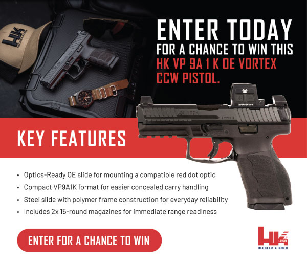 Enter today for a chance to win this HK VP 9A 1 OE Vortex CCW pistol. Enter for a chance to win.