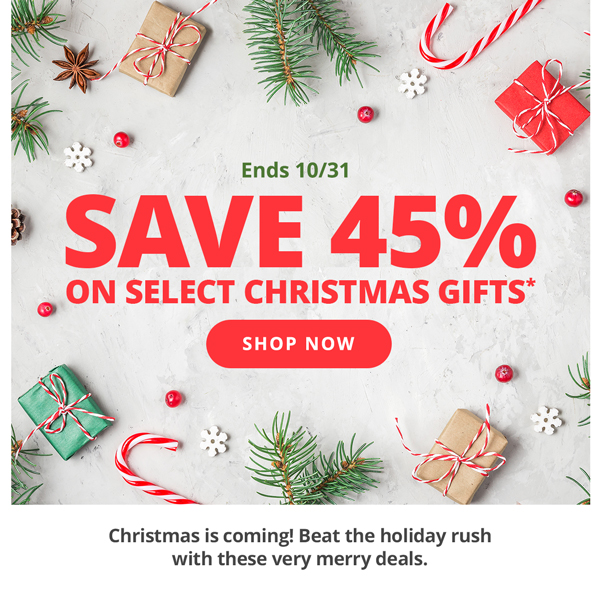 SAVE 45% ON SELECT CHRISTMAS GIFTS!* SHOP NOW >