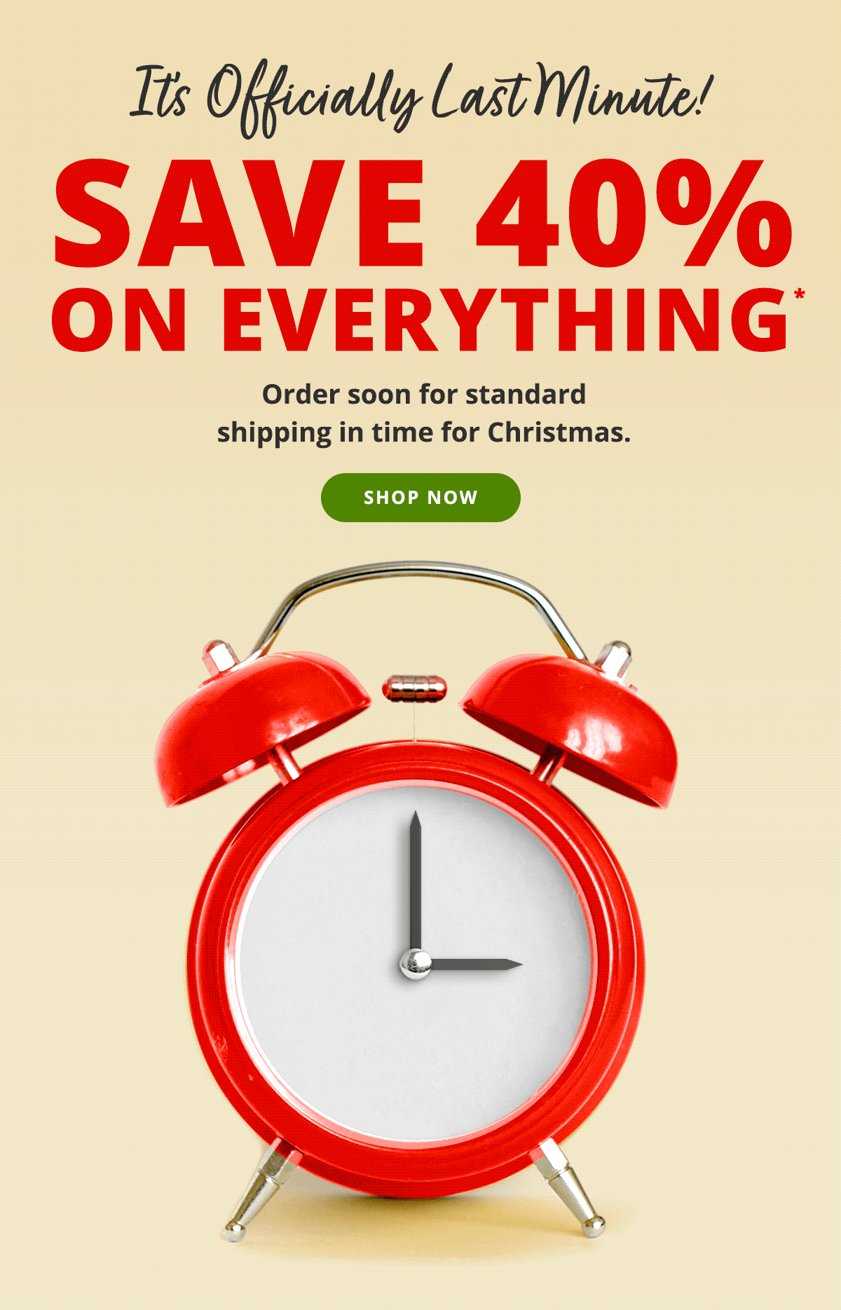 Save 40% on Everything! Order soon for standard shipping in time for Christmas. 