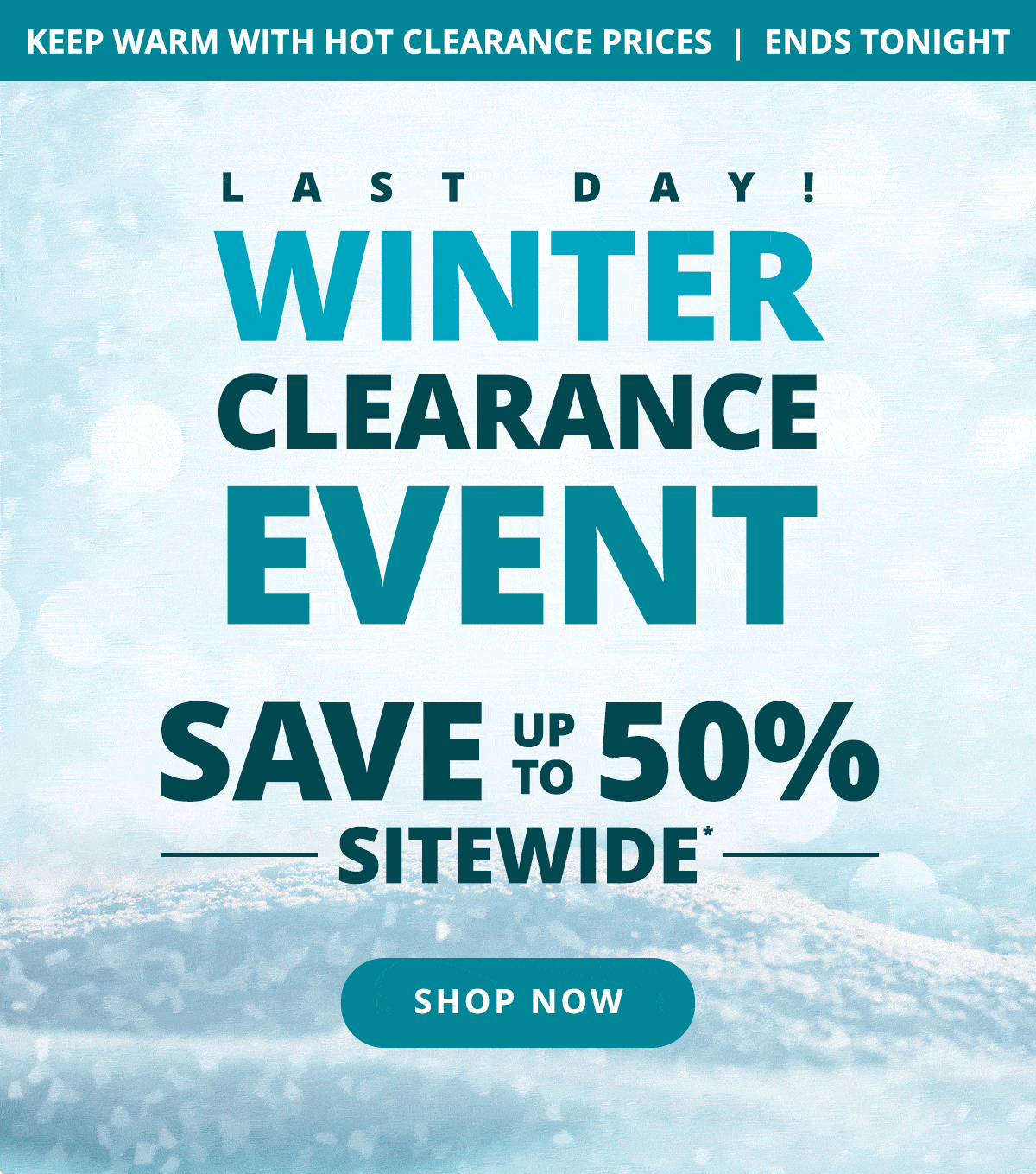 Snowy scene with text that says: Winter Clearance Event - Save up to 50% Sitewide. SHOP NOW >