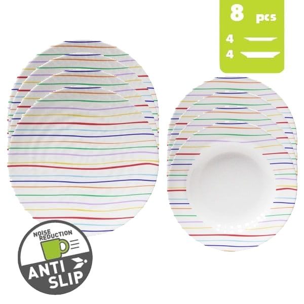 Lot de vaisselle Mélamine STRIPES anti dérapant 8 pièces