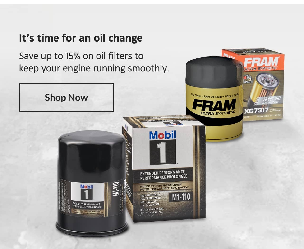 It’s time for an oil change. Save up to 15% on oil filters to keep your engine running smoothly. Shop Now.