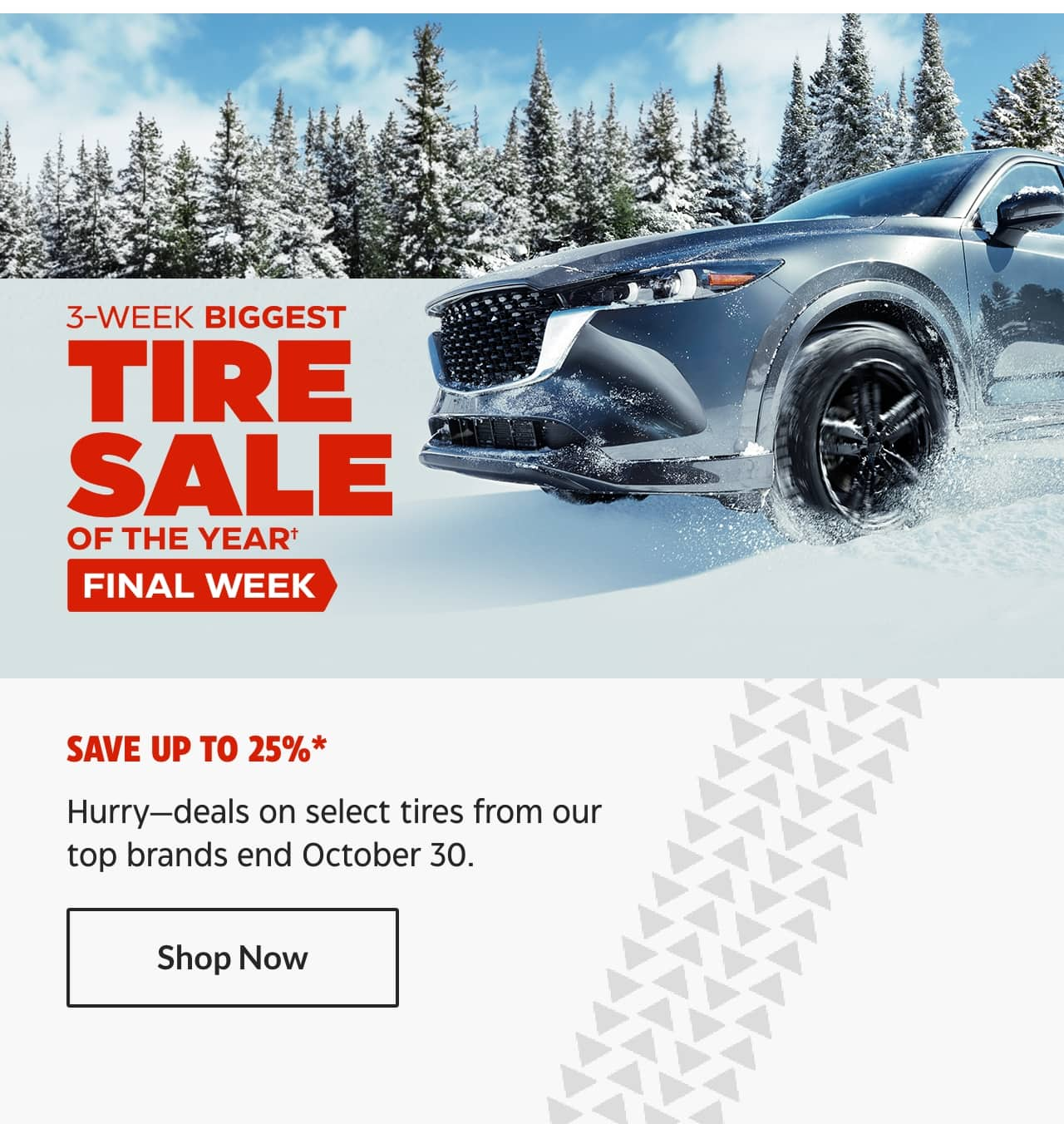 3-Week Biggest Tire Sale of the Year. Final Week. Save up to 25%. Hurry�deals on select tires from our top brands end October 30. Shop Now.