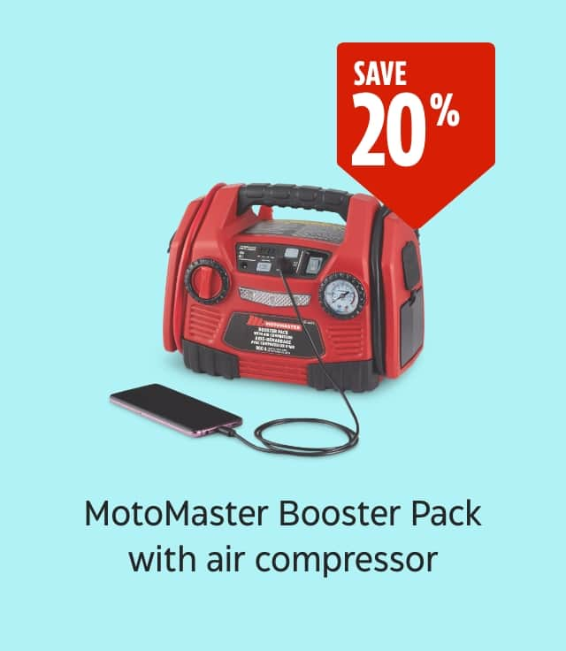 Save 20%. MotoMaster Booster Pack with air compressor.