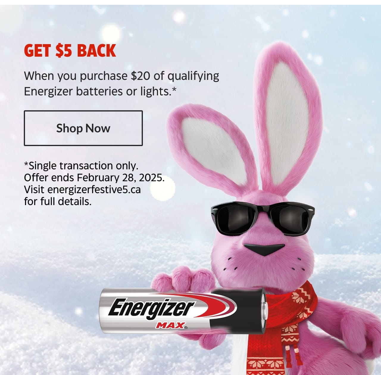 Get $5 Back. When you purchase $20 of qualifying Energizer batteries or lights.* Shop Now. *Single transaction only. Offer ends February 28, 2025. Visit energizerfestive5.ca for full details.