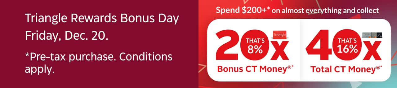 Triangle Rewards Bonus Day. Friday, December 13. Spend $200+ on almost everything and collect 20x Bonus CT Money (that’s 8%) or 40x Total CT Money (that’s 16%). Pre-tax purchase. Conditions apply.