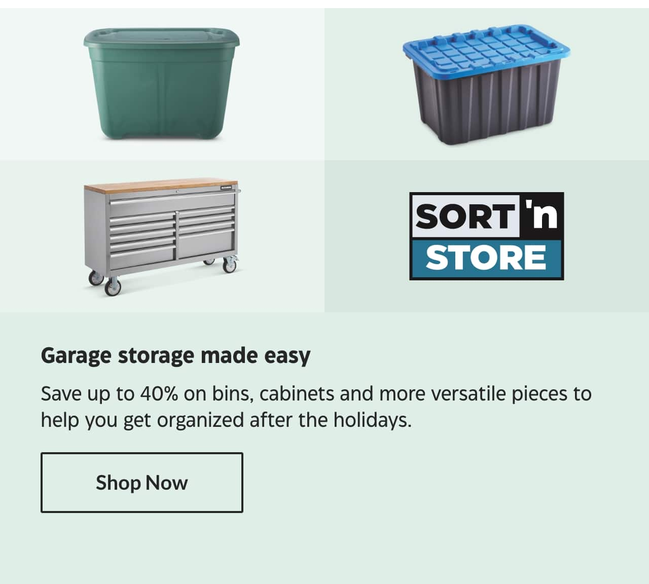 Sort ’n Store. Garage storage made easy. Save up to 40% on bins, cabinets and more versatile pieces to help you get organized after the holidays. Shop Now.