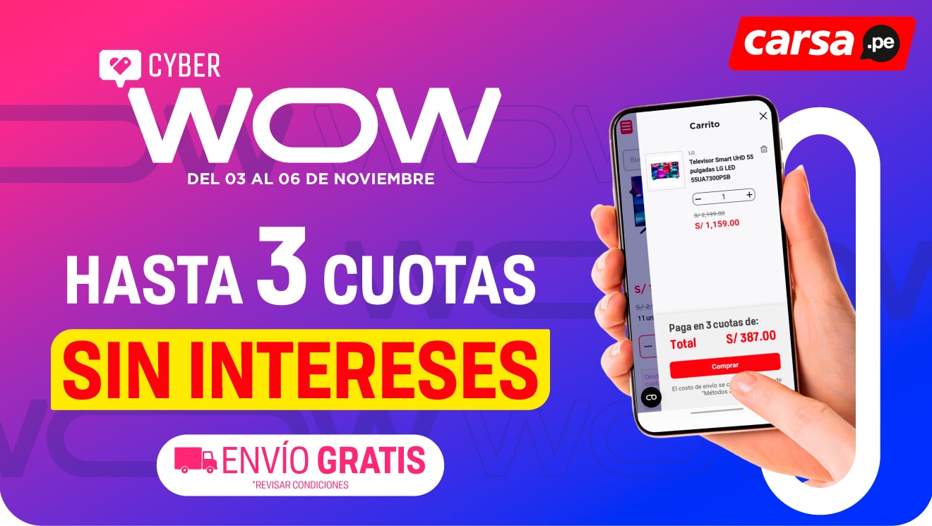 ¡Solo hasta hoy! Hasta 12 cuotas sin intereses Envío gratis *Revisar condiciones carsa.pe