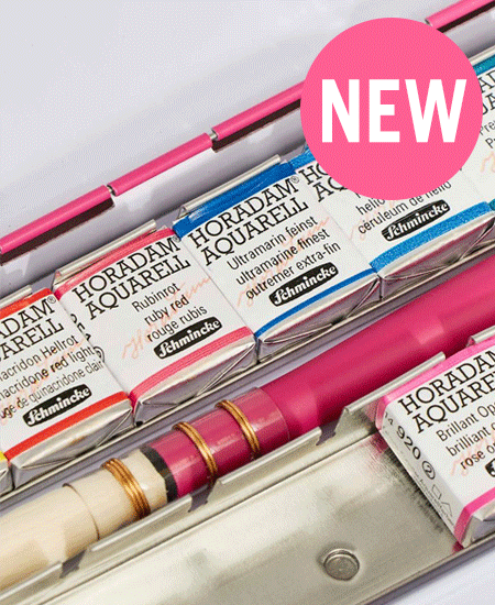 Schmincke "Pretty Pink" Horadam Aquarell Metal Tin Half Pan & Brush Set of 15