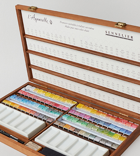 Sennelier l'Aquarelle Watercolour Paint and Extras in Walnut Box Half Pan Assorted Colours Set of 96