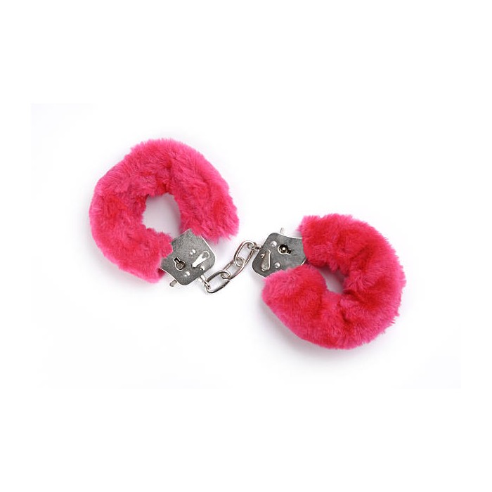 pair of pink furry handcuffs on a white background