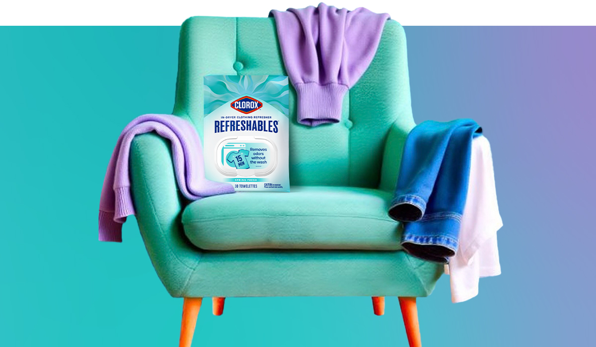 chair with laundry & pack shot on it