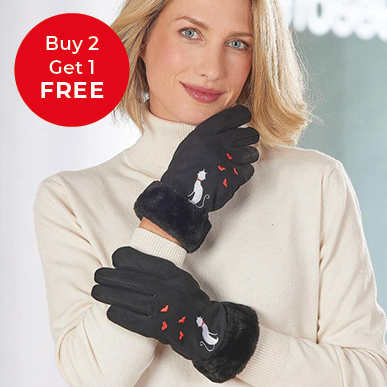 Suede Cat Embroidered Gloves - Buy 2 Get 1 Free