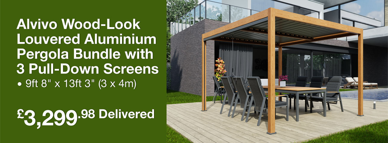 Alvivo Wood-Look Louvered Aluminium Pergola Bundle with 3 Pull-Down Screens