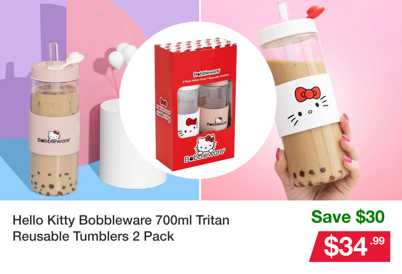 Hello Kitty Bobbleware 700ml Tritan Reusable Tumblers 2 Pack