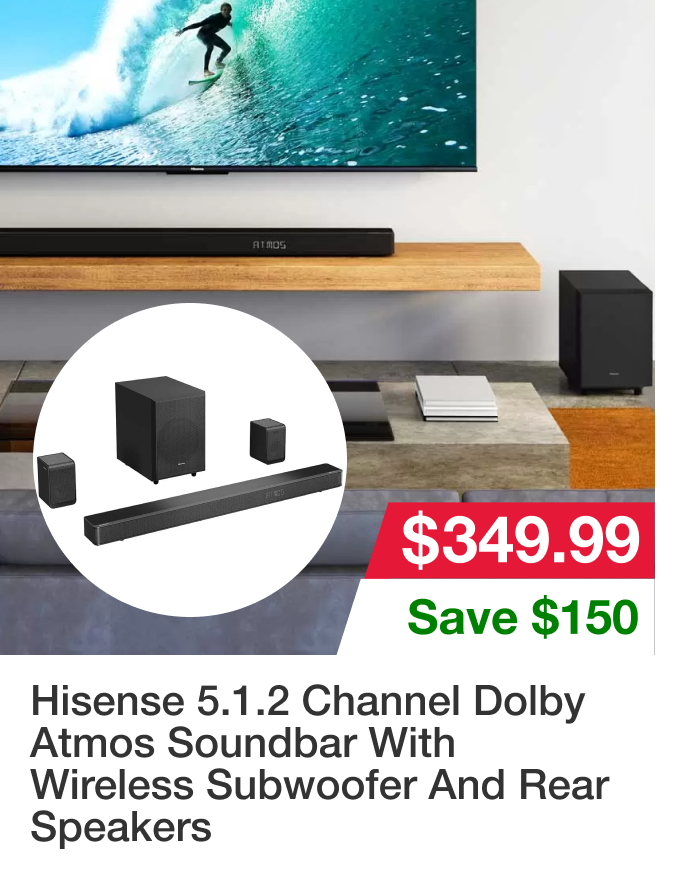 Hisense 5.1.2 Channel Dolby Atmos Soundbar With Wireless Subwoofer And Rear Speakers